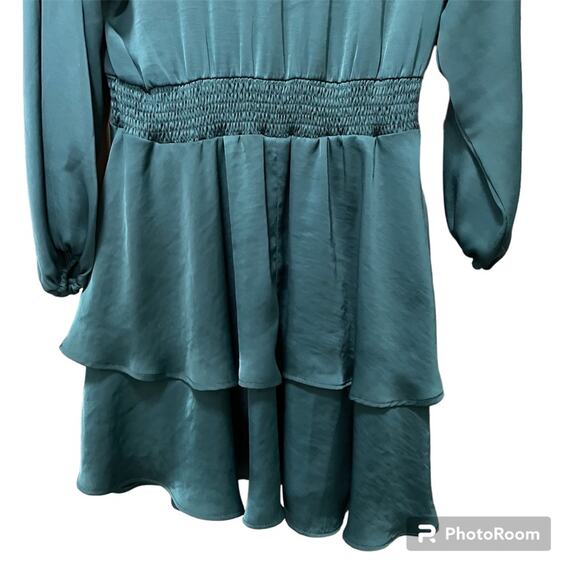NWT Zara Teal Long Sleeve Satin Mini Dress Elastic Waist Ruffled Hem V-Neck M - Picture 11 of 11